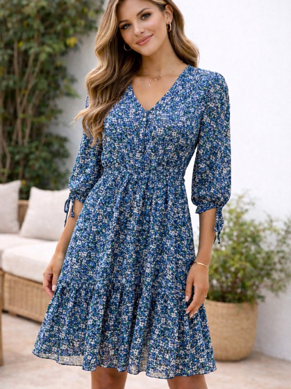Taylor Blue Floral Tiered Midi Dress